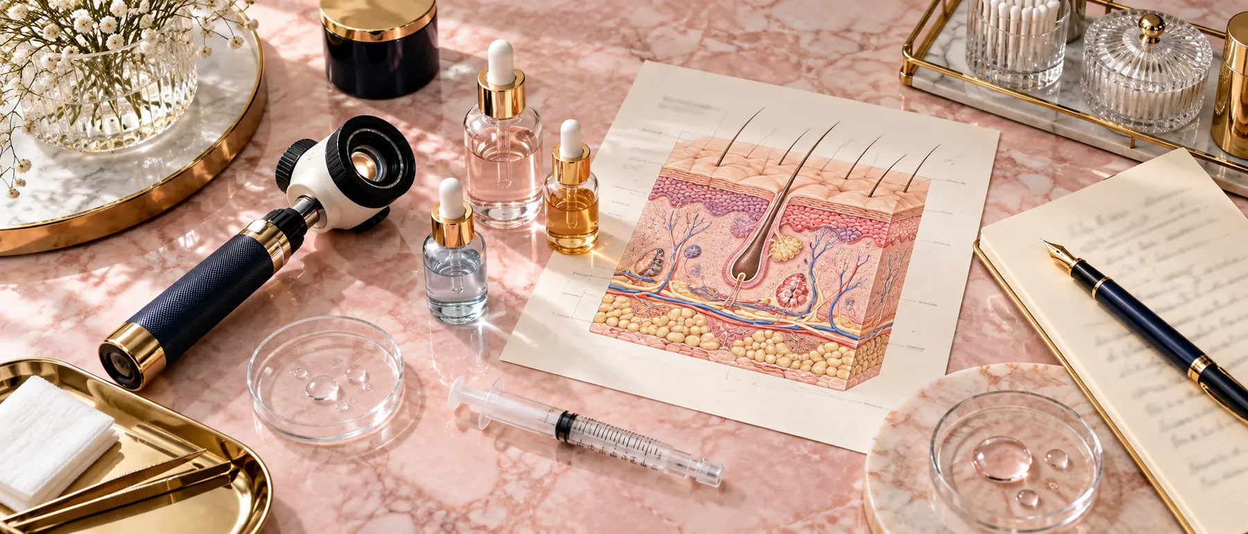 Dermatology tools and a skin cross-section diagram on marble