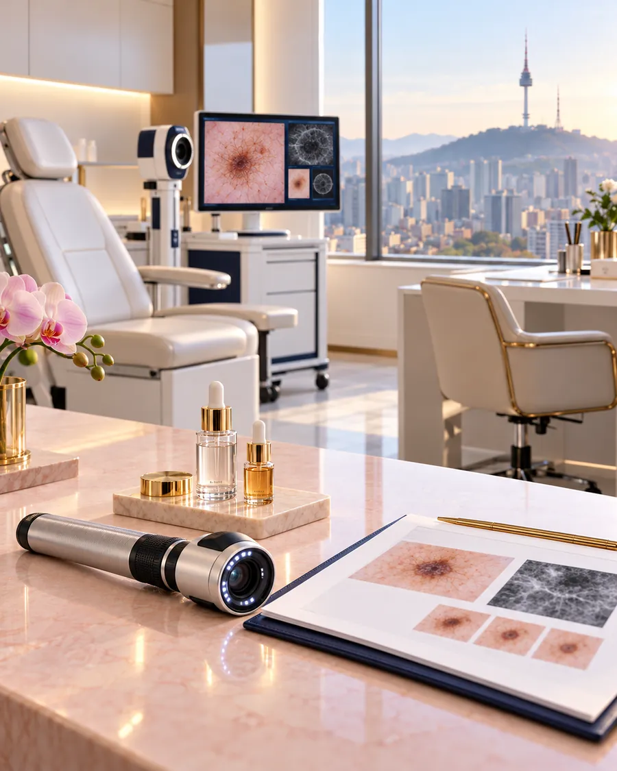 Aesthetic dermatology consultation room overlooking Seoul and N Seoul Tower