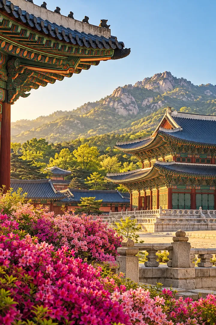 Gyeongbokgung Palace in Seoul with azaleas in spring