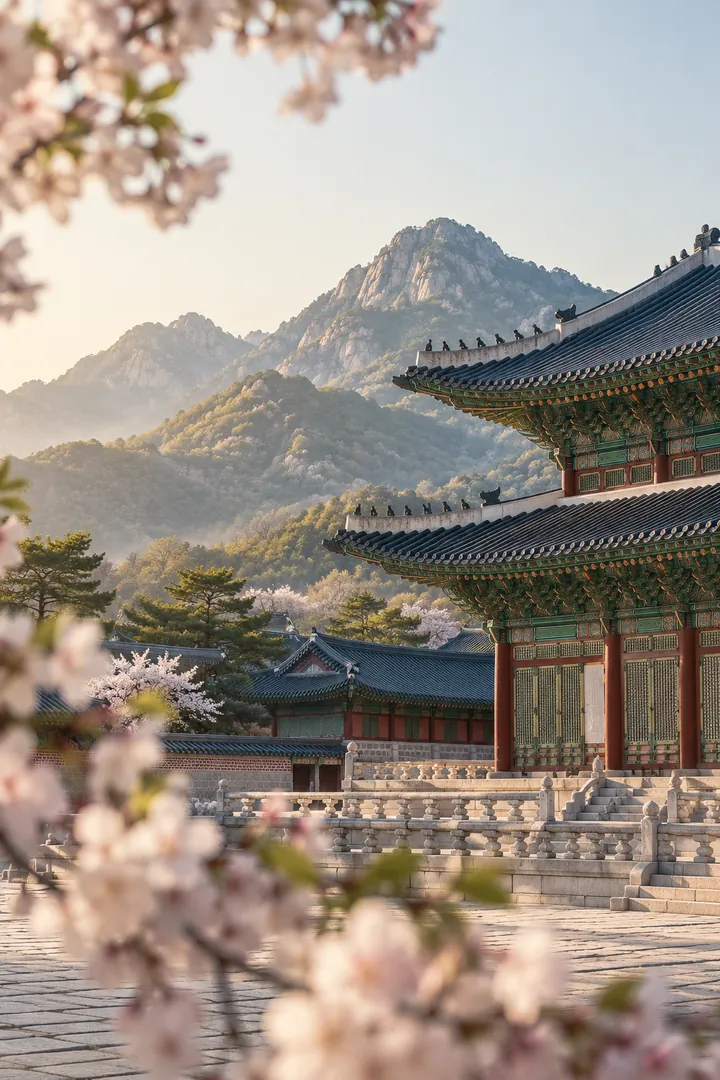 Gyeongbokgung Palace in Seoul in spring, with blossom and mountains behind